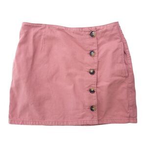 Topshop Moto Salmon Pink Denim Asymetric Buttons Mini Skirt w Pockets
